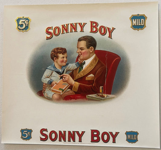 Vintage Sonny Boy cigar label with man in red jacket and young boy in sailor outfit holding books, 5¢ and Mild badges visible