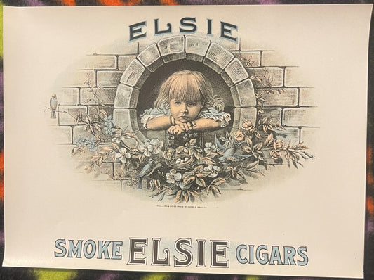 Vintage Elsie cigar label featuring a blonde child leaning from a brick window surrounded by flowers, circa early 1900s