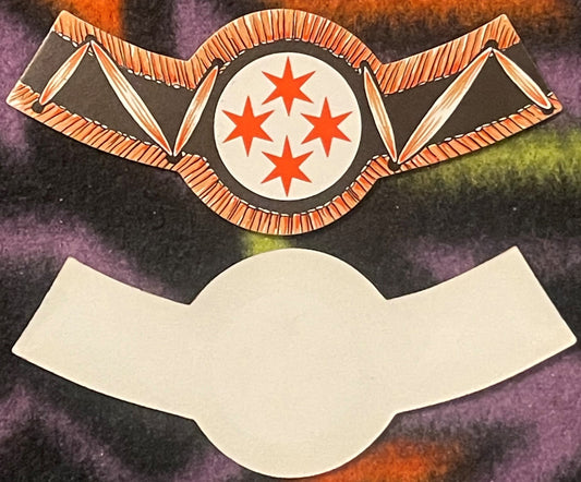 Vintage wine neck label with winged emblem featuring four red stars on cream circle, blank banner below, orange and black des