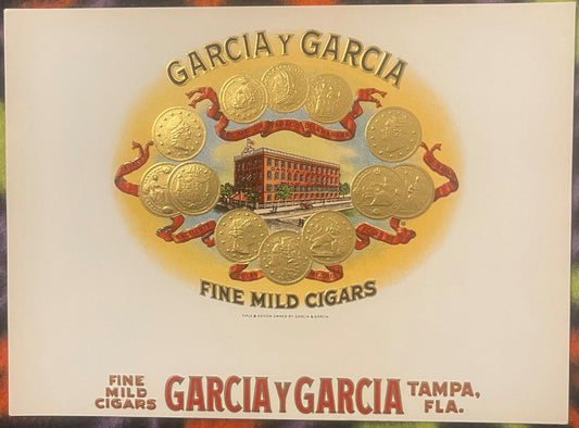 Vintage Garcia y Garcia cigar box label with gold coins arranged in circle around central red brick factory building, Tampa F