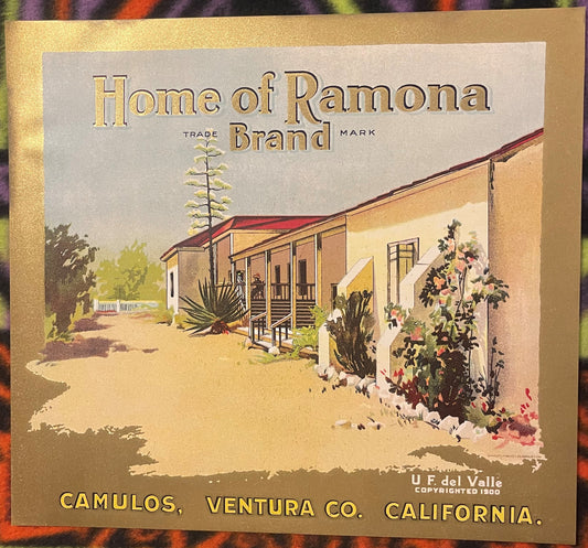 Antique citrus crate label featuring "Home of Ramona Brand" with illustration of a California ranch house, flowering