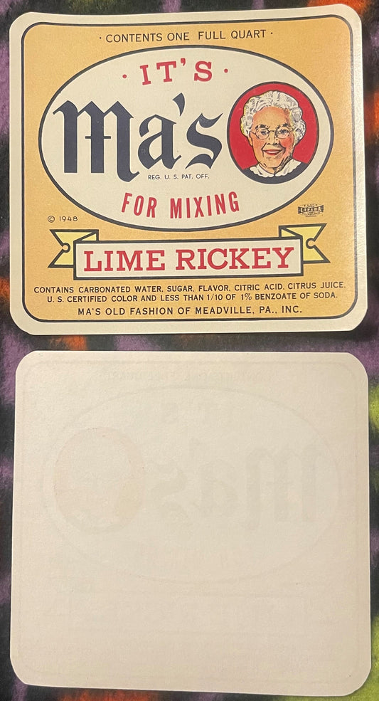 Vintage 1948 Ma's Lime Rickey soda label from Meadville PA showing smiling elderly woman in red circle, one full quart size,