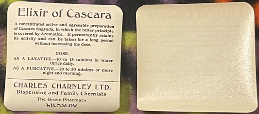 Cream-colored vintage pharmacy label for Elixir of Cascara by Charles Charnley Ltd, Wilmslow, with dosage instructions printe