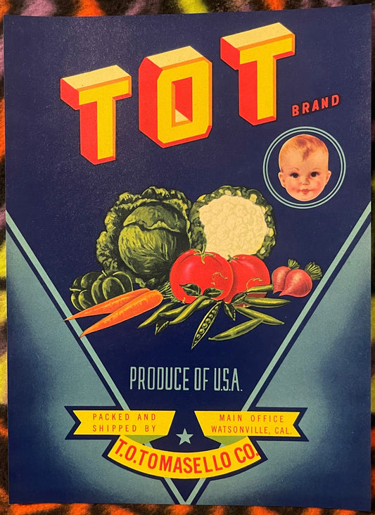 Vintage Tot Brand vegetable crate label with bold red and yellow lettering, baby's face in circle, illustrated vegetables, an