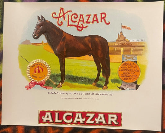 Vintage Alcazar cigar label featuring a brown horse in profile with red ornate lettering, racing records on ribbons, and a st