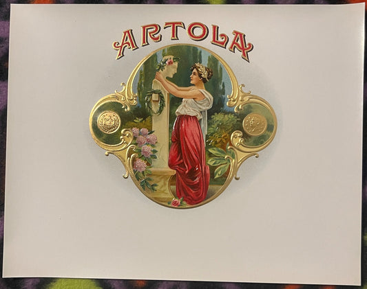 Antique Artola cigar label with embossed gold frame, Roman woman in red skirt adjusting wreath on classical bust, floral garl