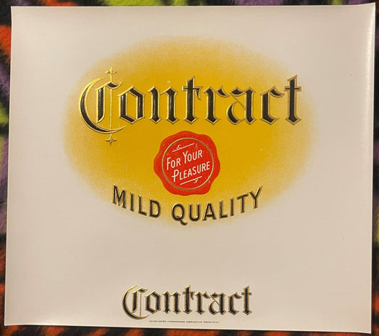 Vintage Contract cigar label with gold-embossed Gothic lettering, red wax seal, and yellow gradient background, printed on cr