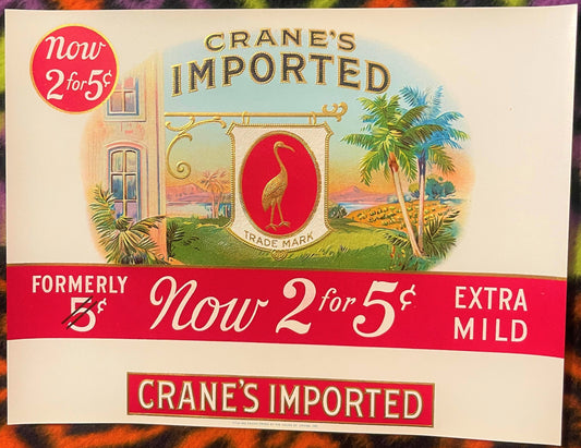 Vintage Crane's Imported cigar band label with gold crane bird on red oval, tropical landscape, and red price banner reading