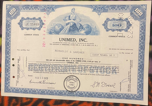 Vintage Unimed Inc stock certificate with blue decorative border, 100 shares, Delaware inc