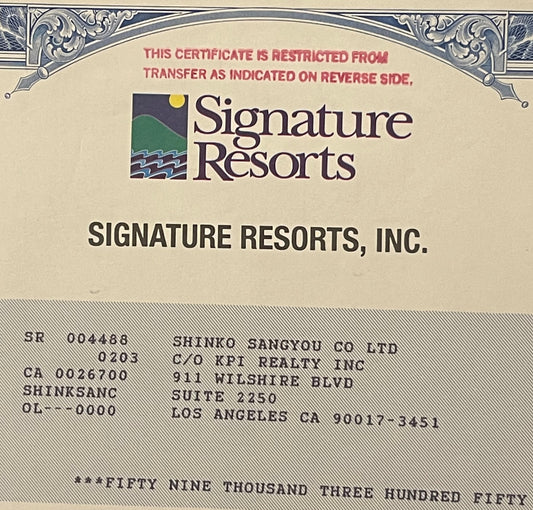 Vintage Signature Resorts stock certificate with ornate border, company logo, and nontransferable restriction notice in red t