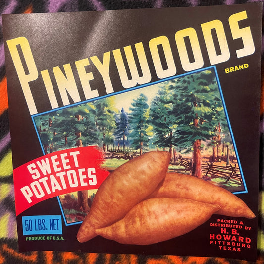 Vintage Pineywoods sweet potato crate label with yellow text, red banner, and color lithograph of forest landscape, 50 lbs ne