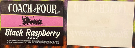 Vintage Coach and Four Black Raspberry Soda label with pink and brown design, next to blank cream-colored backing card for sc