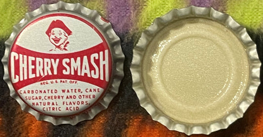 Vintage Cherry Smash bottle cap showing red and white label with smiling clown face, displayed front and back views on colorf