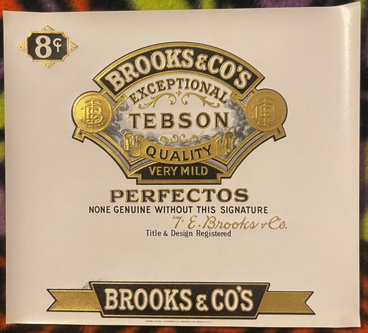Antique Brooks & Co's Tebson Perfectos cigar label with gold embossed ornate badge, "Very Mild" and "Exceptional Quality" tex