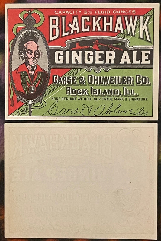 Vintage Blackhawk Ginger Ale bottle label from Carse & Ohlweiler Co., Rock Island, Illinois, featuring red and green lithogra