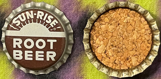 Front and back of a vintage Sun-Rise Root Beer bottle cap showing brown and cream colored metal with embossed ridged edges an