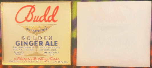 Antique Budd Golden Ginger Ale label from Newport, NH, showing red script logo, gold and cream background, circa 1916 beverag