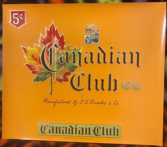 Vintage Canadian Club cigar label on orange background with stylized maple leaf, ornate lettering, 5¢ price mark, and manufac