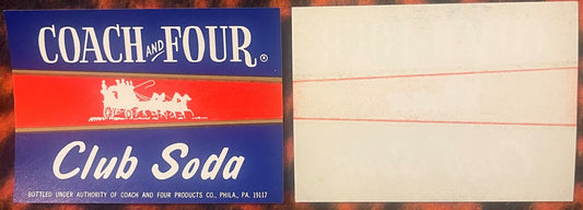 Vintage Coach and Four Club Soda label showing blue and red design with stagecoach illustration, Philadelphia PA text visible