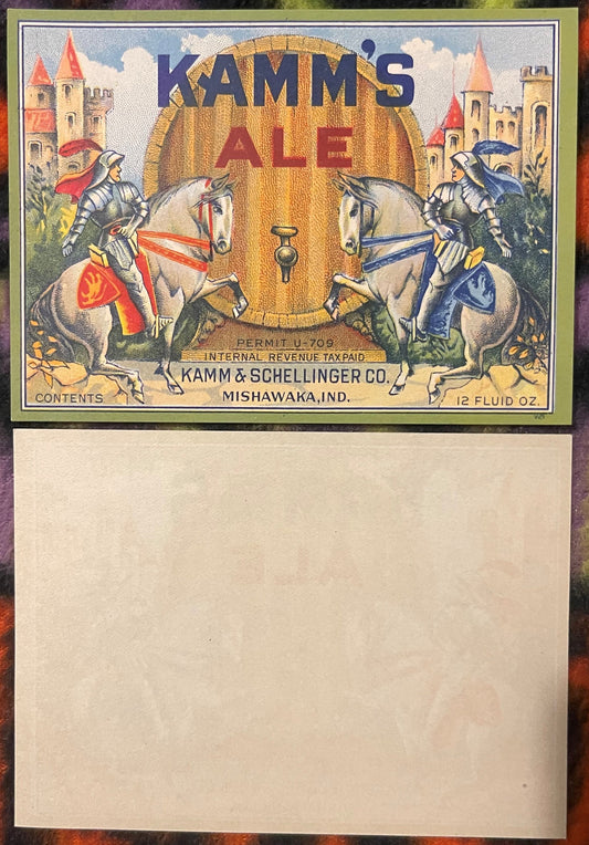 Vintage Kamm's Ale beer label featuring two armored knights on horses facing a golden shield with castles in background