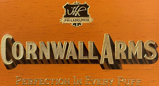 Vintage Cornwall Arms Philadelphia cigar box label on orange wood with gold embossed lettering and shield logo, tagline "Perf