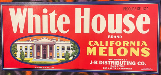 Vintage red fruit crate label featuring White House illustration with "White House Brand California Melons" text in cream and