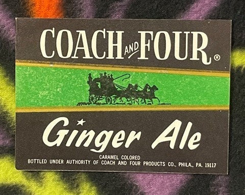 Vintage Coach and Four Ginger Ale bottle label with stagecoach illustration, green and brown design, Philadelphia PA bottler