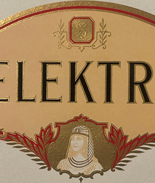 Vintage "Elektra" cigar label with embossed gold lettering, ornate red and gold borders, and portrait of woman in Egyptian he