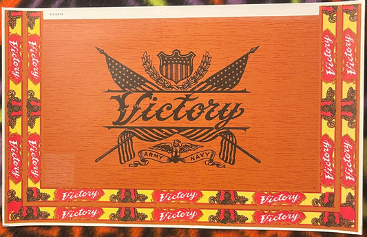 Antique Victory cigar label with orange background, patriotic Army and Navy eagle emblem, red and yellow decorative borders w
