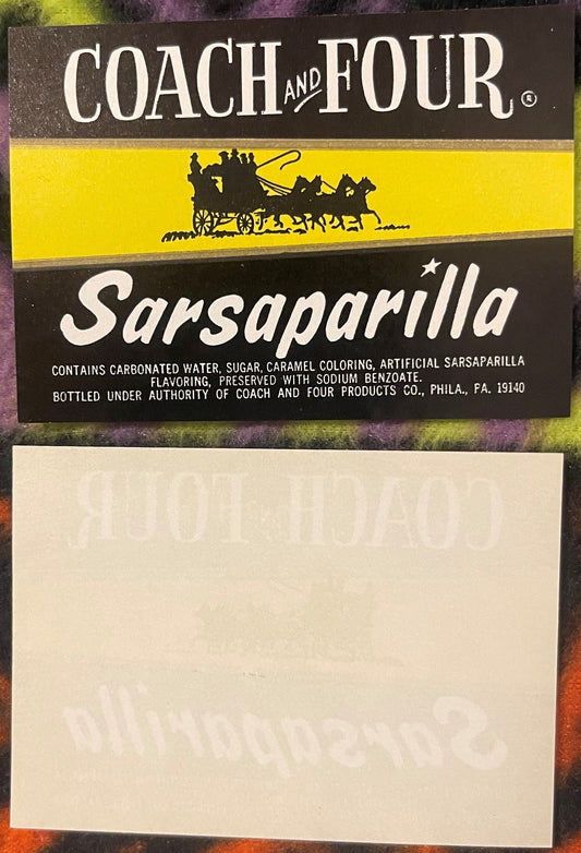 Vintage Coach and Four Sarsaparilla soda label with black and yellow design, silhouette of horse-drawn coach, Philadelphia ad
