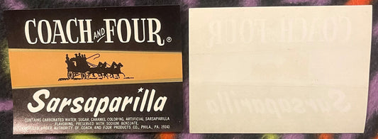 Vintage Coach and Four Sarsaparilla bottle label with black and orange design, showing coach silhouette and Philadelphia PA i