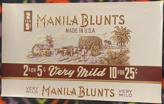 Vintage Manila Blunts cigar box label with gold foil embossing, cream and brown design showing oxen cart scene, priced "2 for
