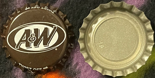 Vintage A&W Root Beer bottle cap showing front and back views; brown crown with white logo and twist-off ridged interior on p