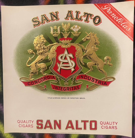 Antique San Alto cigar label with embossed gold foil coat of arms featuring lion and unicorn supporters, red shield with "SA"