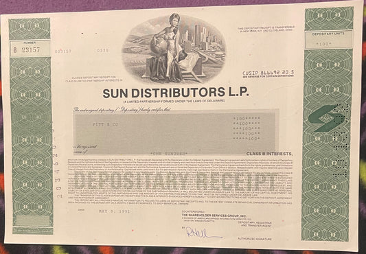 Sun Distributors L.P. Class B stock certificate with green decorative borders, allegorical female figure holding globe