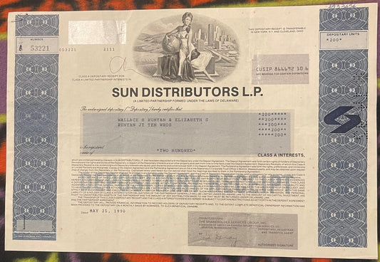 Vintage Sun Distributors L.P. Class A stock certificate with decorative borders, allegorical imagery, and blue security
