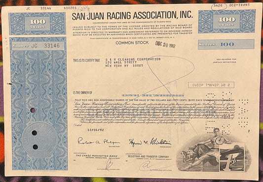 Vintage San Juan Racing Association stock certificate for 100 shares, printed in b