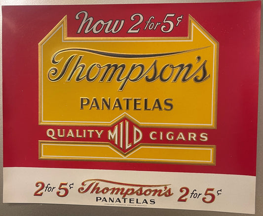 Antique Thompson's Panatelas cigar label with red and gold design, advertising "2 for 5¢" promotion, printed on cream and red