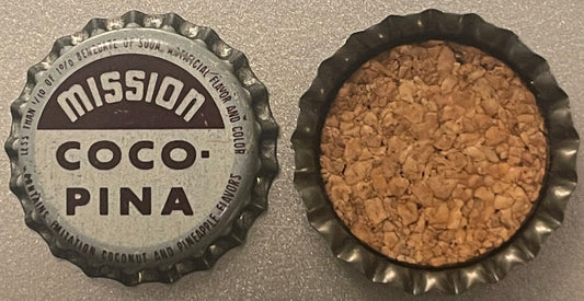 Vintage Mission Coco-Pina soda bottle cap showing cork interior, front and back views against gray surface