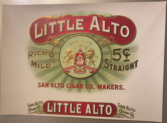 Antique gold-embossed cigar label for Little Alto by San Alto Cigar Co., featuring red banner, heraldic crest, and 5¢ price m