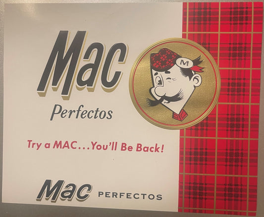 Vintage Mac Perfectos cigar box label featuring Scottish man in red tartan tam o'shanter cap in circular gold medallion, red