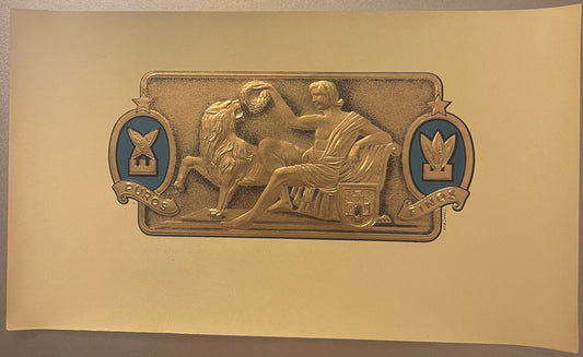 Gold embossed cigar label on cream cardstock featuring classical figures, lion, and blue shield emblems marked "Puros" and "F