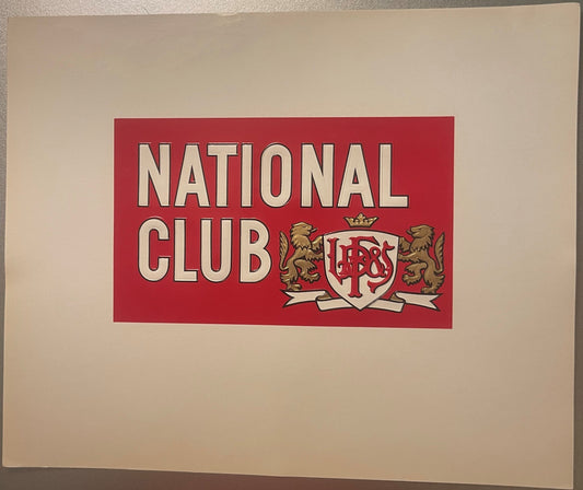 Vintage National Club cigar label on cream background, red rectangle with cream text, gold lions and crown shield with coat o