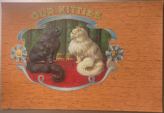 Antique "Our Kitties" cigar box label on wood showing two cats facing each other with gold embossed text and decorative blue