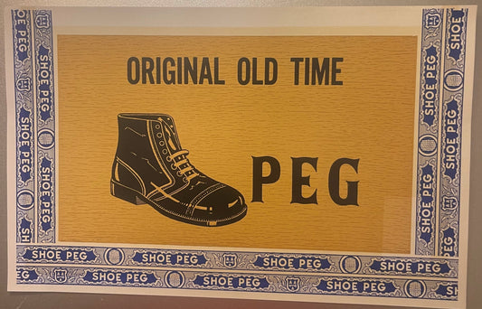 Antique lithograph cigar box label with wood grain background, decorative blue borders, illustration of laced boot, and "Orig
