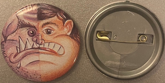 Vintage pin-back button showing split two-faced character design with monster and boy features in purple and peach tones, dis