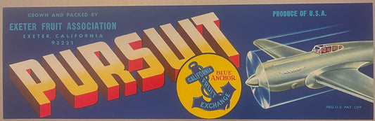 Vintage fruit crate label with "Pursuit" in large 3D letters, Blue Anchor Exchange emblem, and propeller aircraft illustratio