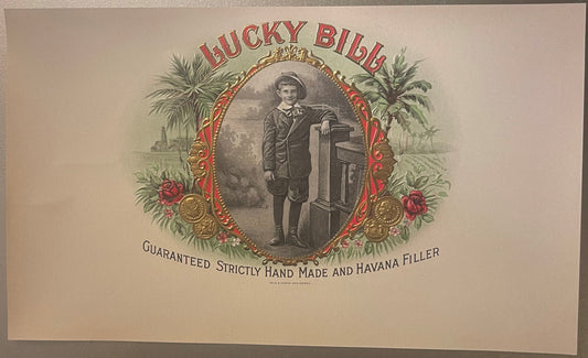 Vintage Lucky Bill cigar label featuring a young boy in formal attire within ornate red and gold frame, surrounded by palm fr