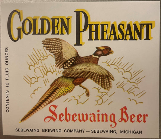 Vintage Golden Pheasant Sebewaing Beer label featuring an illustrated flying pheasant in brown and gold tones on cream backgr