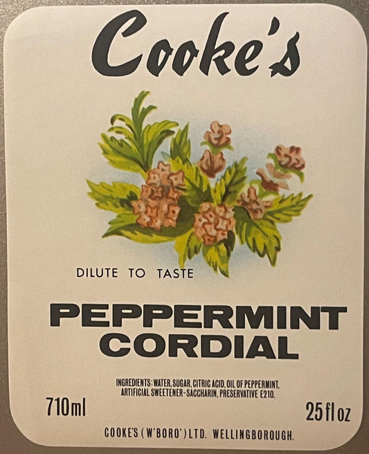 Vintage Cooke's Peppermint Cordial label, 710ml bottle, cream background with botanical illustration and black typography, ag
